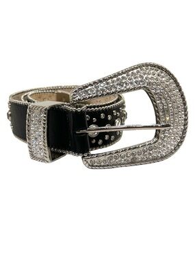 Christine Alexander Black Belt with Rhinestone-Embellished Silver Buckle